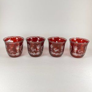 Vtg Egermann Tea Cup Bohemian Ruby Red Cut To Clear Glass Etched  Deer Lot of 4